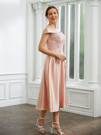 A-Line/Princess Satin Applique Off-the-Shoulder Sleeveless Tea-Length Mother of the Bride Dresses