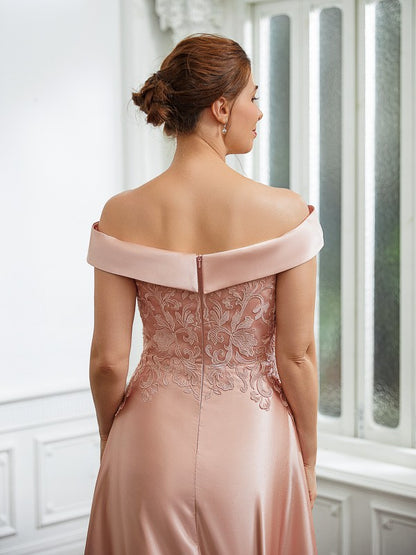 A-Line/Princess Satin Applique Off-the-Shoulder Sleeveless Tea-Length Mother of the Bride Dresses