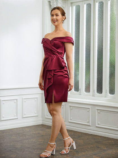 Sheath/Column Elastic Woven Satin Ruched Off-the-Shoulder Sleeveless Short/Mini Mother of the Bride Dresses