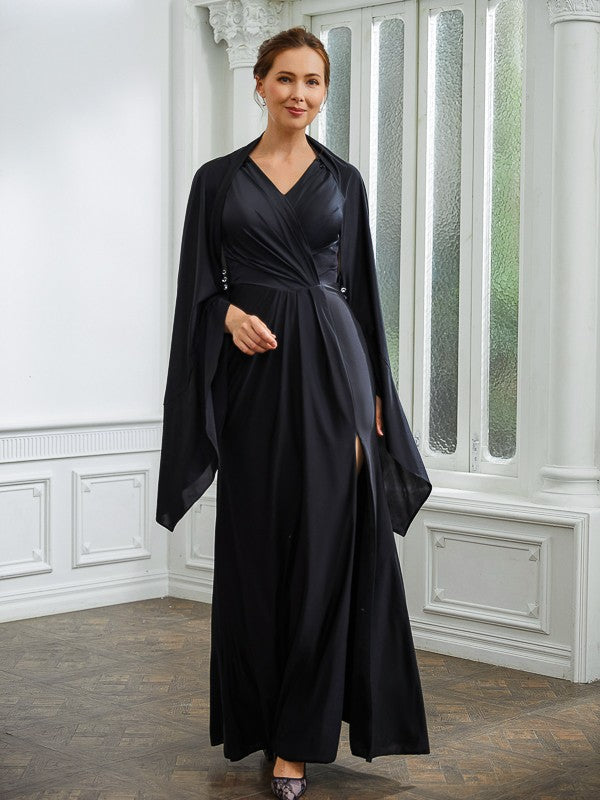 Sheath/Column Jersey Ruched V-neck Sleeveless Floor-Length Mother of the Bride Dresses