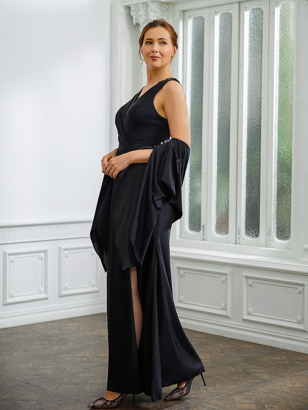 Sheath/Column Jersey Ruched V-neck Sleeveless Floor-Length Mother of the Bride Dresses