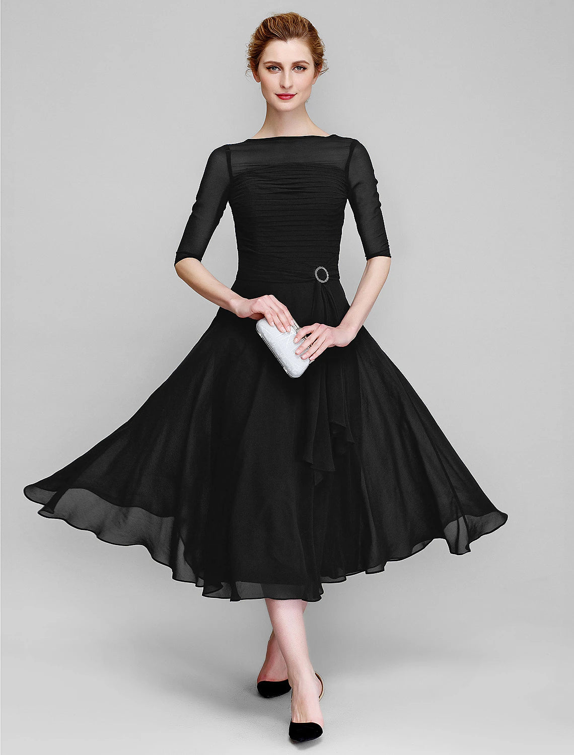 A-Line Mother of the Bride Dress Wedding Guest Elegant Plus Size Bateau Neck Tea Length Chiffon Half Sleeve with Ruched