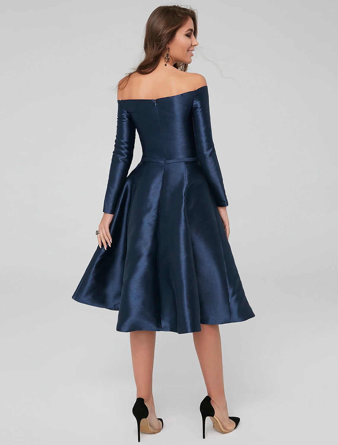 A-Line Special Occasion Dresses Elegant Dress Wedding Guest Cocktail Party Knee Length Long Sleeve Off Shoulder Satin with Pleats