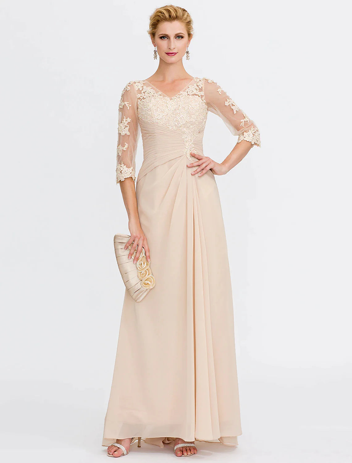 A-Line Mother of the Bride Dress Wedding Guest Elegant Plus Size See Through V Neck Floor Length Chiffon Half Sleeve with Appliques Side Draping