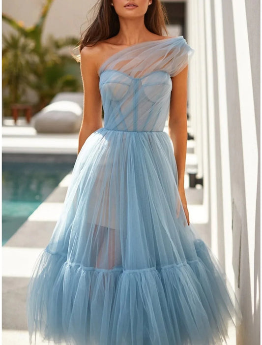 A-Line Prom Dresses Elegant Dress Formal Tea Length Sleeveless One Shoulder Tulle with Pleats