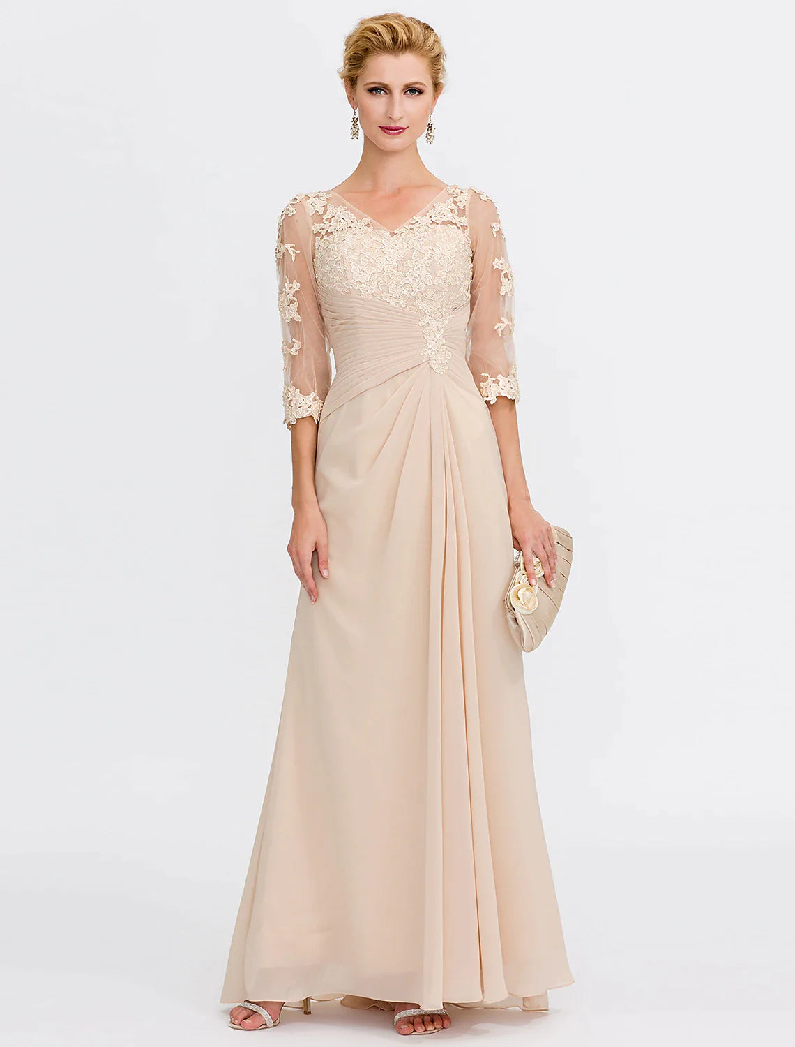 A-Line Mother of the Bride Dress Wedding Guest Elegant Plus Size See Through V Neck Floor Length Chiffon Half Sleeve with Appliques Side Draping